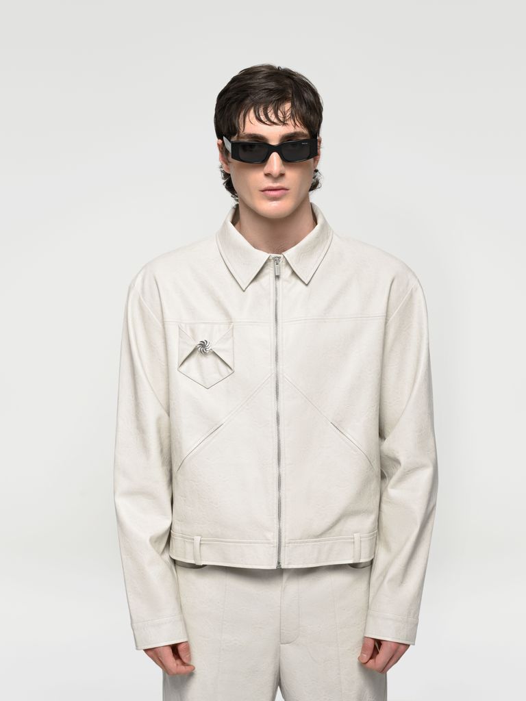 Faux Leather Zip-up Jacket with Chest Pocket and Silver Georgian Sun Accessory